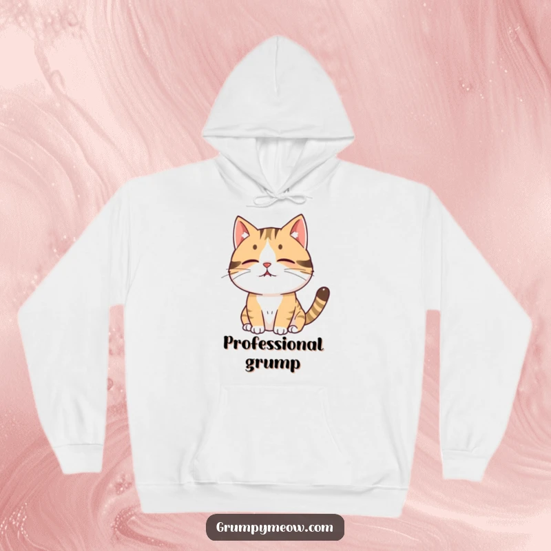Funny cat hoodie depicting a cat sighing deeply, a puff of air visible, embodying a relatable moment of exhaustion and humor.