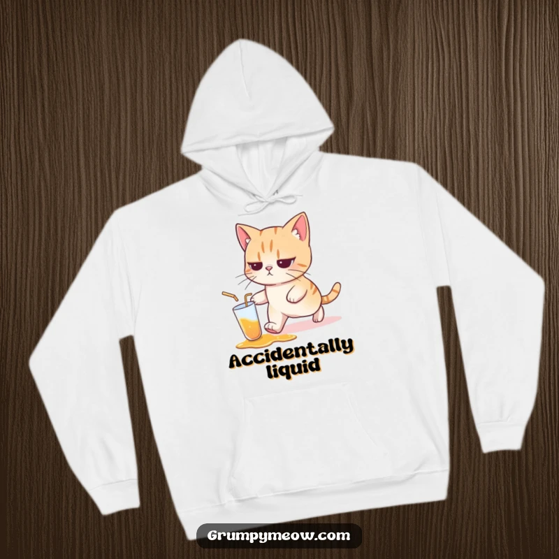 Funny cat hoodie depicting a cat with a resigned expression, walking away from a spilled drink, showing a humorous lack of concern.