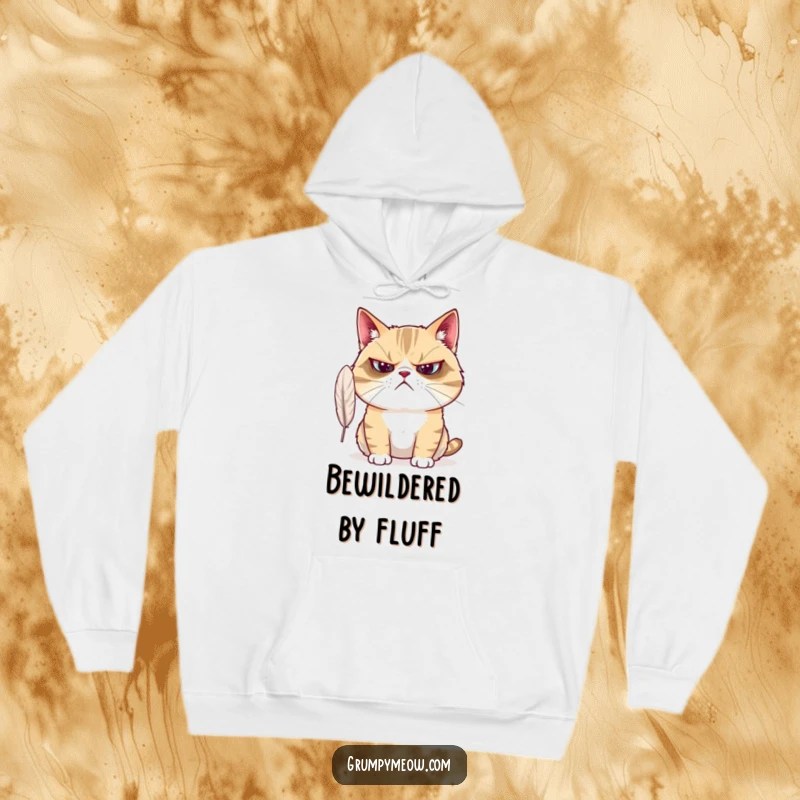 Funny Grumpy Cat Hoodie: A grumpy cat looks bewildered by a feather, offering cozy warmth and confused charm.