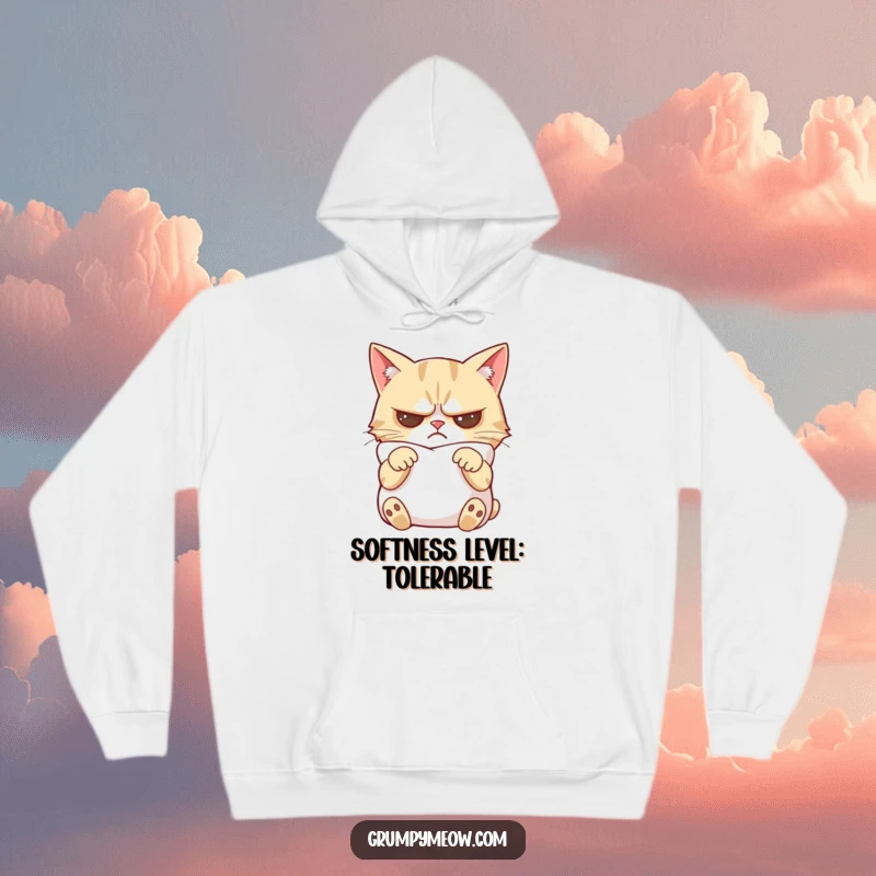 Funny grumpy cat hoodie depicting a cat with crossed paws, looking slightly appeased by a plush pillow.