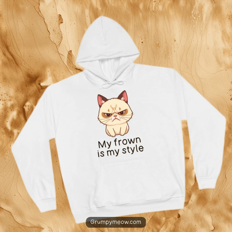 Funny grumpy cat hoodie showing a dramatic sigh with a frown, providing warmth and humorous expression.