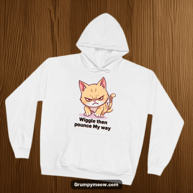 Funny grumpy cat hoodie showing a stealthy pounce turned wiggle, offering warmth and humor for the wearer.