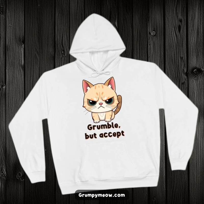 Funny hoodie depicting a grumpy cat with a twitchy ear, reluctantly enjoying a head scratch, perfect for cozy, humorous wear.