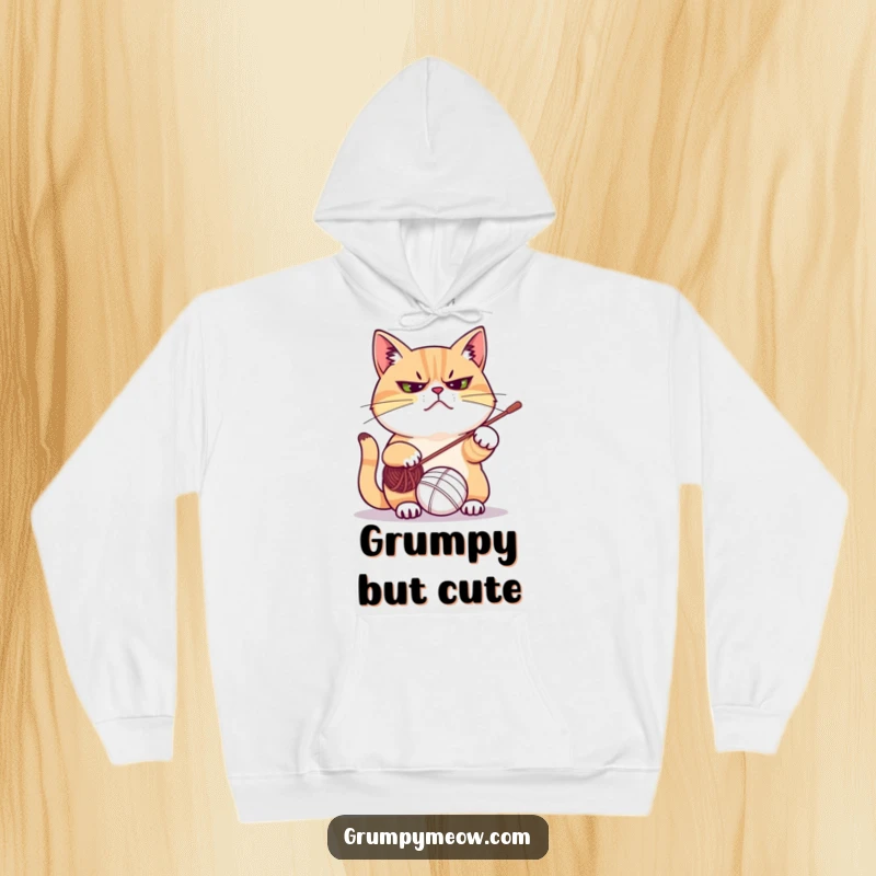 Funny hoodie graphic of a permanently frowning cat enthusiastically swatting at a ball of yarn, embodying playful feline frustration.