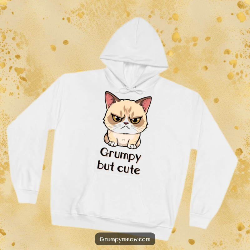 Funny Hoodie featuring a grumpy cat glaring, with an almost imperceptible tiny smile, offering warmth and a dose of understated humor.