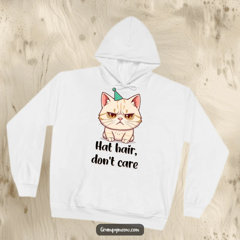 Funny hoodie featuring a disgruntled cat wearing a tiny, ill-fitting party hat, embodying reluctant festivity.