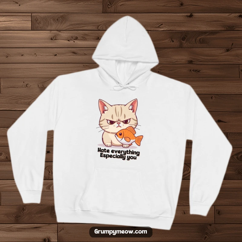 Funny grumpy cat hoodie, frowning, intense stare at fish, conveying humorous feline obsession and anticipation.
