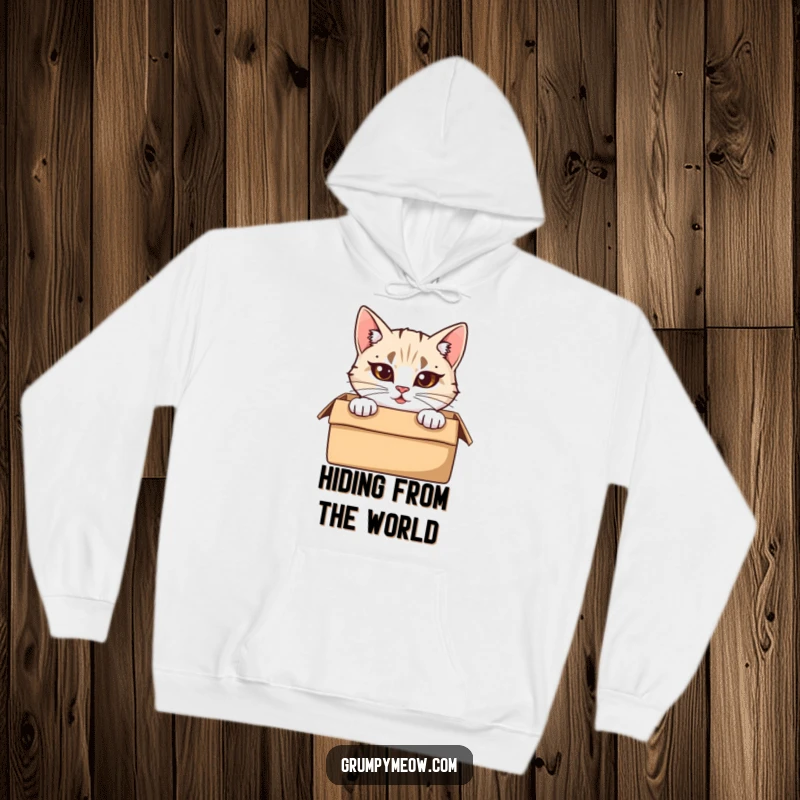 Funny Hoodie: A cat with furrowed brows peeks from a cardboard box, offering a humorous and cozy representation of feline comfort.