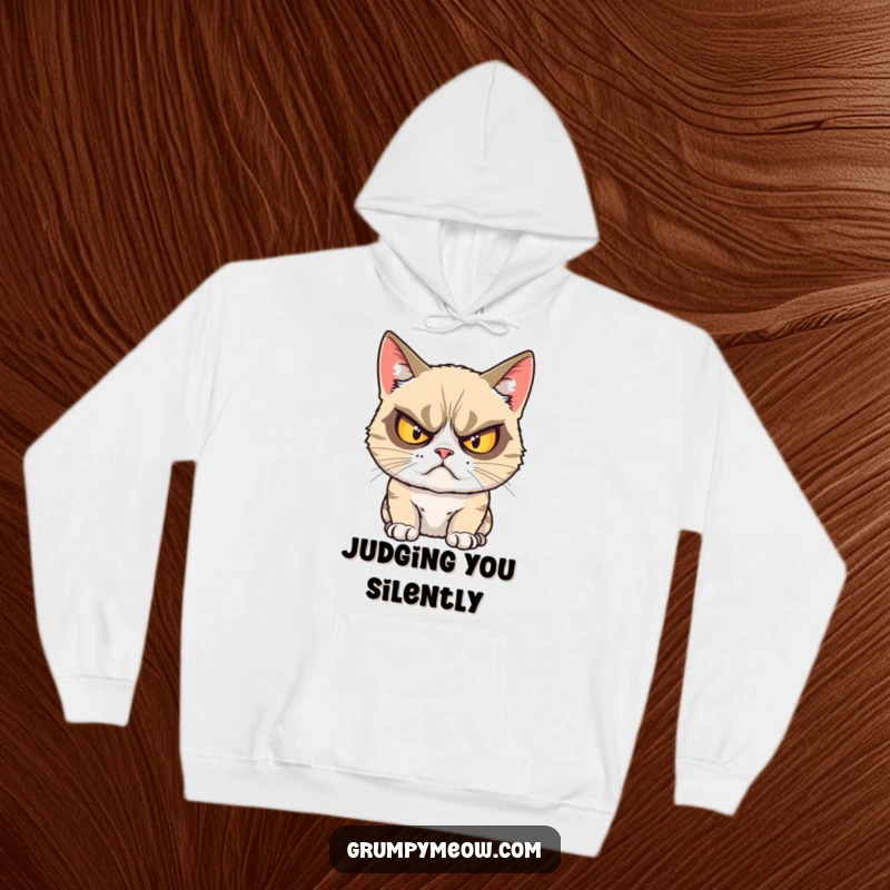 Funny grumpy cat hoodie depicting a cat glaring with comically crossed eyes, radiating maximum grumpiness.