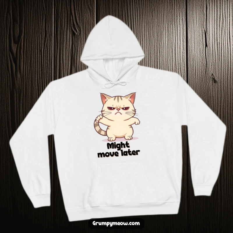 Funny grumpy cat hoodie showing a feline in a languid, unenthusiastic stretch, perfect for cold days and grumpy moods.