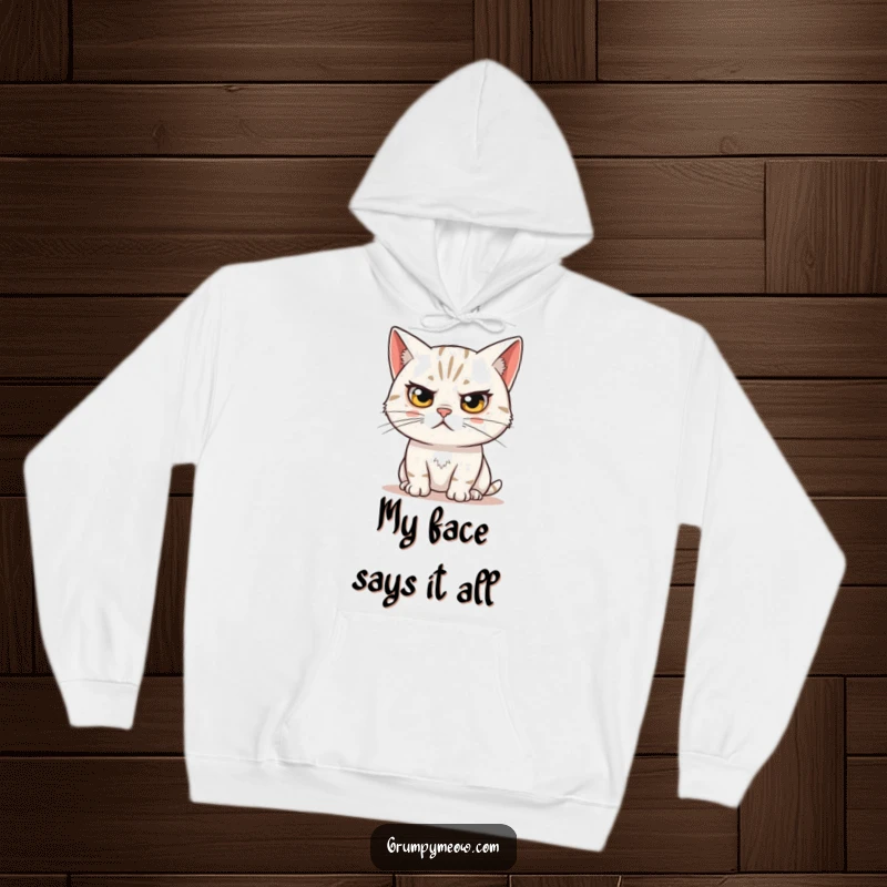 Funny hoodie with a skeptical cat's raised eyebrow, conveying humorous doubt and observation for cozy, witty wear.