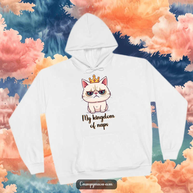 Funny hoodie featuring a grumpy cat wearing a tiny crown, exuding a deep sigh of resignation, a symbol of weary authority.