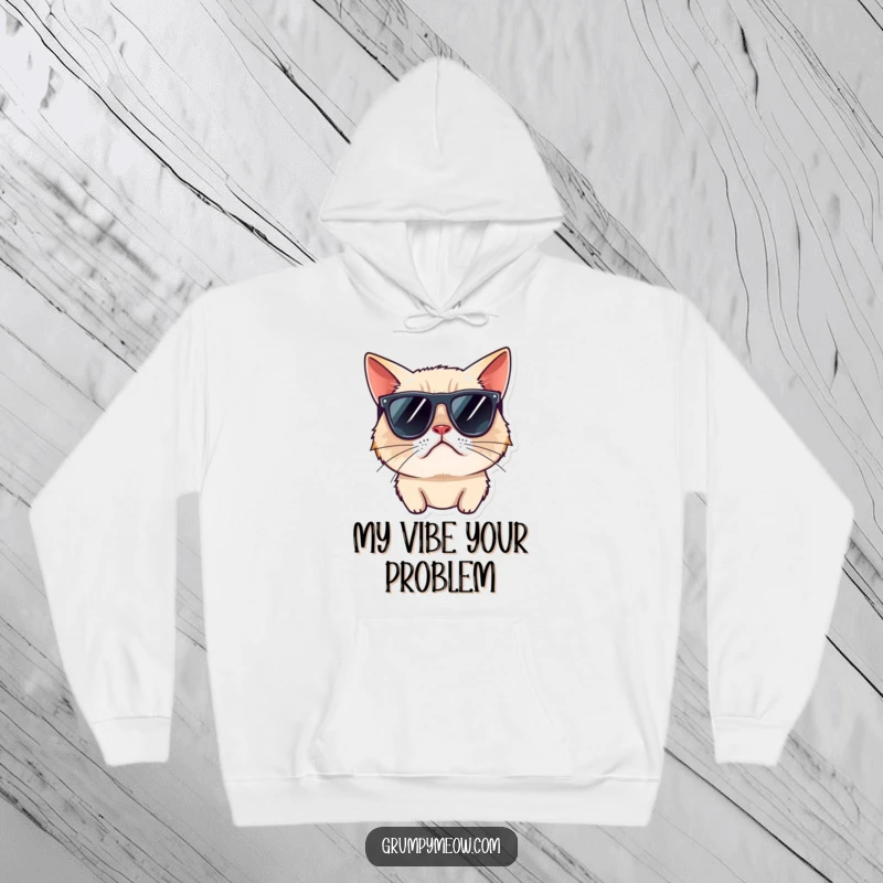 Funny grumpy cat hoodie, wearing sunglasses, looking away rudely, conveying hilarious cool indifference.