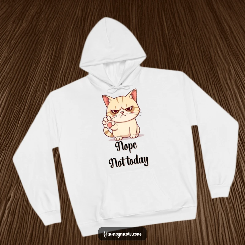 Funny hoodie featuring a grumpy cat with a paw stretched out, conveying a universally understood 'absolutely not'.