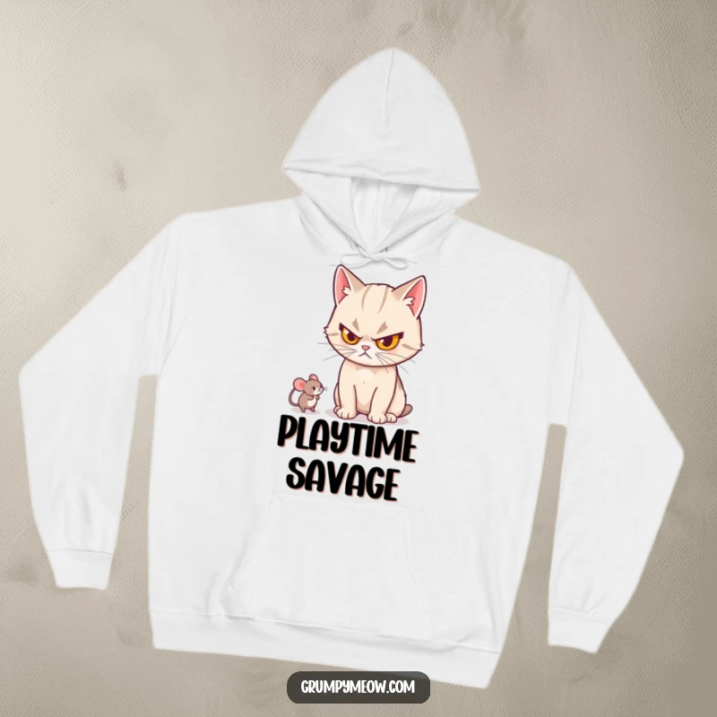 Funny cat hoodie showing a cat with a stern expression, batting a small mouse toy with a determined and playful intensity.