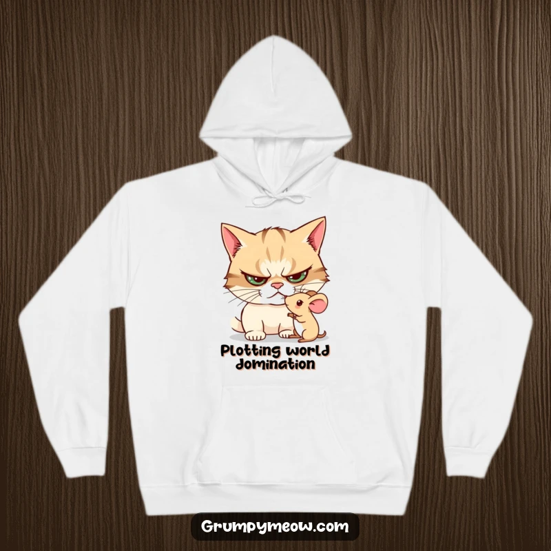 Funny hoodie depicting a grumpy cat curiously poking a quivering toy mouse, showcasing its focused and slightly menacing demeanor.