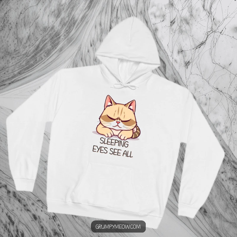 Funny hoodie showcasing a grumpy cat pretending to be asleep, with eyes slightly ajar, indicating secret observation and humor.