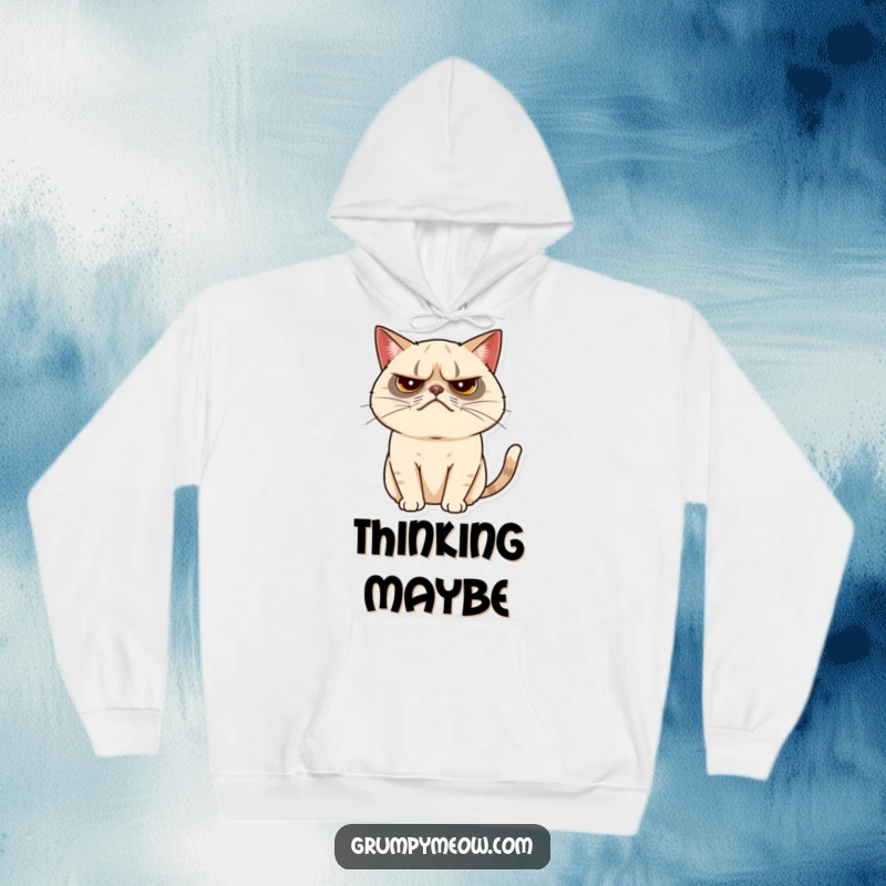 Funny grumpy cat hoodie showing a cat with a tiny, almost imperceptible tail twitch, a sign of contained frustration.