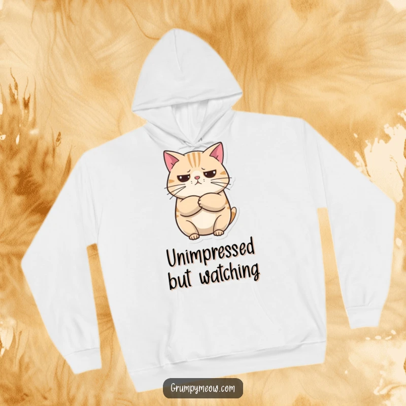 Funny Hoodie: A round cat with crossed arms looks unimpressed but curious, offering a humorous and cozy way to express attitude.