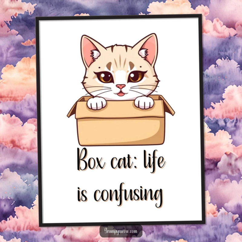 Funny Free Printable Wall Art: a cat with furrowed brows peeks from a cardboard box. Quirky downloadable art.
