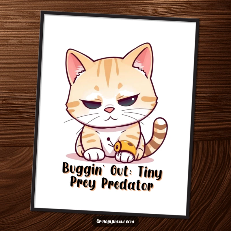 Funny Free Printable Wall Art: Illustration of a cat intensely staring at a tiny insect, capturing humorous focus and concentration.