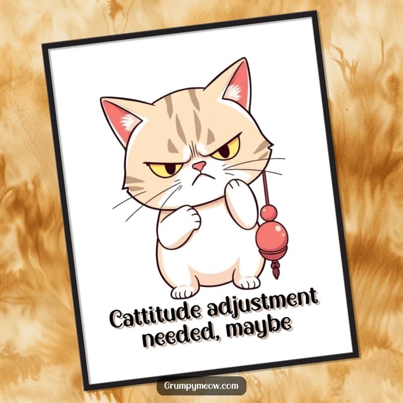 Funny Free Printable Grumpy Cat Wall Art: Grumpy cat with narrowed eyes batting a dangling toy with utter disdain, sarcastic decor.