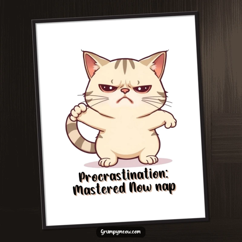 Funny Free Printable Wall Art: Grumpy cat caught mid-stretch with zero energy, a relatable piece of downloadable art.