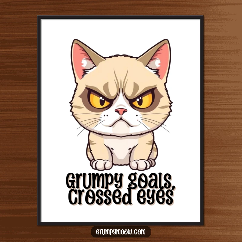 Funny Free Printable Wall Art: A grumpy cat glares with incredibly crossed eyes, providing a comical and sarcastic piece of decor.