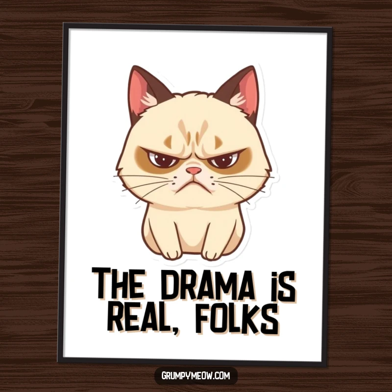 Funny Free Printable Wall Art depicting a grumpy cat with a slight frown, sighing dramatically, capturing relatable daily ennui.