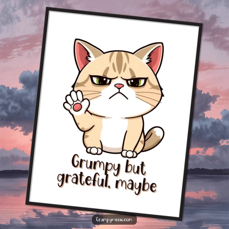 Funny Free Printable Wall Art of a grumpy cat with a furrowed brow, giving a resigned and humorous wave, perfect for quirky decor.