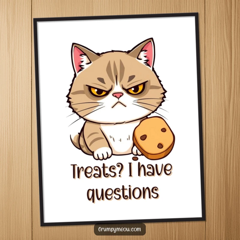 Funny Free Printable Wall Art: A grumpy cat with narrowed eyes suspiciously eyeing a tempting treat, adding a humorous focal point.