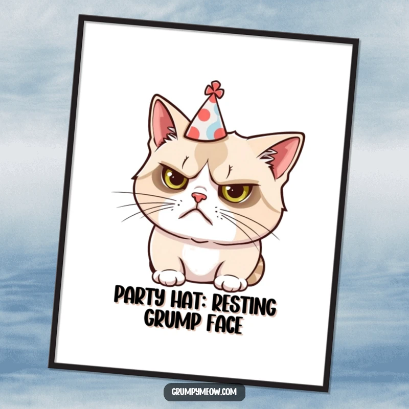 Funny Free Printable Wall Art: Grumpy cat comically wearing a tiny party hat askew, a hilarious and relatable piece.