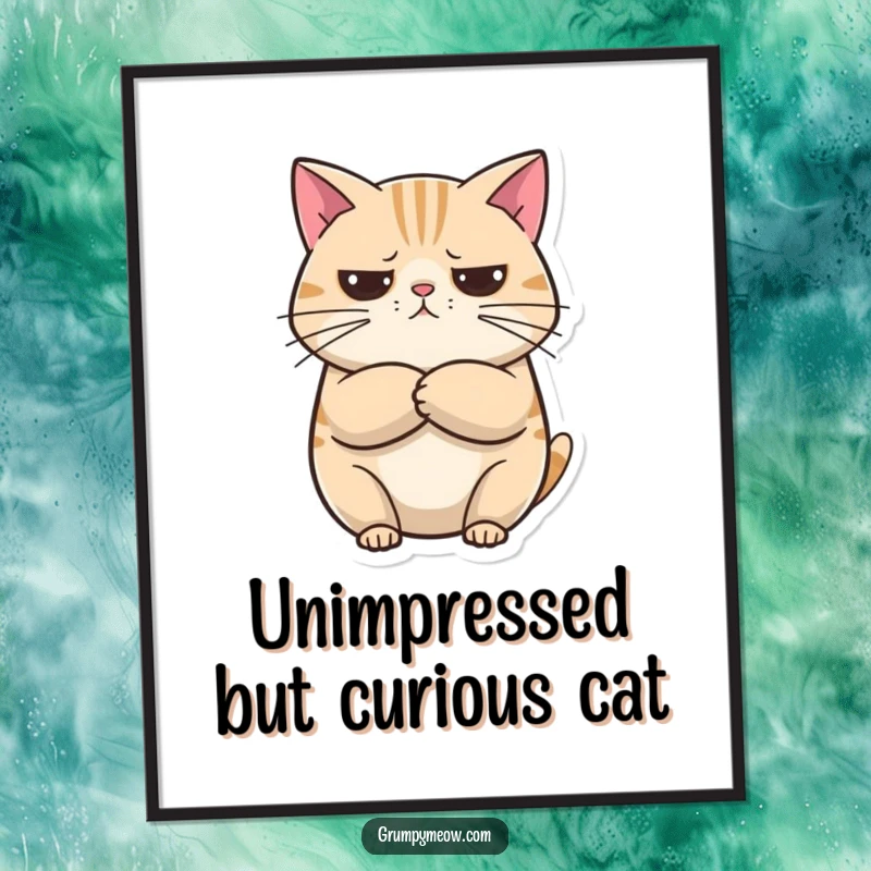 Funny Free Printable Wall Art of a round cat with crossed arms, looking unimpressed but curious. Sarcastic downloadable art.