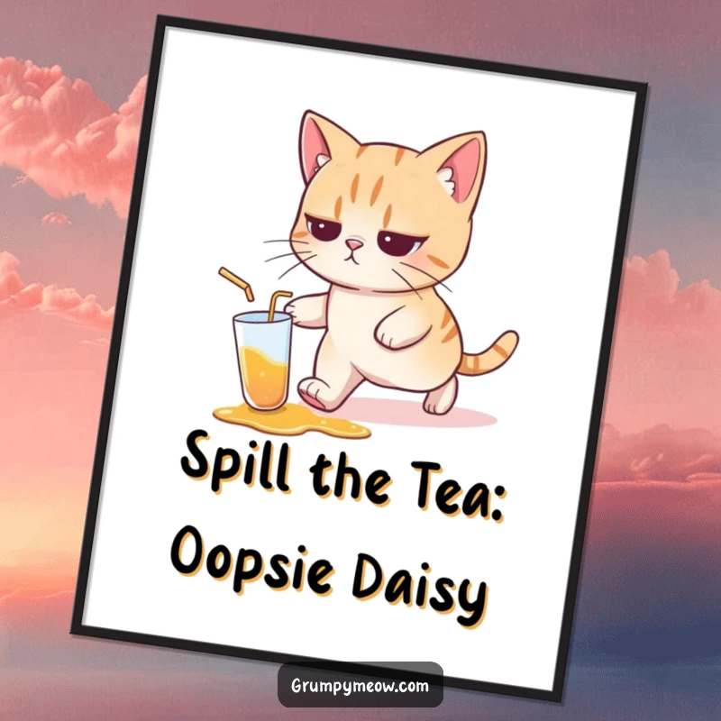 Funny Free Printable Wall Art: Illustration of a cat with a resigned expression walking away from a spilled drink, capturing relatable chaos.
