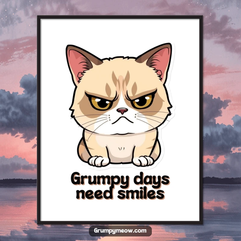 Funny Free Printable Wall Art: Grumpy cat glaring with an intense stare, revealing a tiny, enigmatic smile.