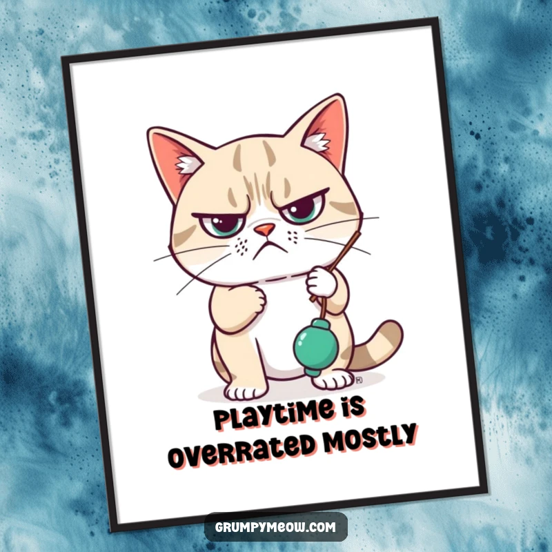 Funny Free Printable Wall Art: Grumpy cat looking completely unimpressed while lazily swatting at a dangling toy.