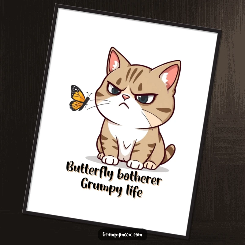 Funny Free Printable Wall Art: A grumpy cat attempting to ignore a persistently cheerful butterfly fluttering nearby.