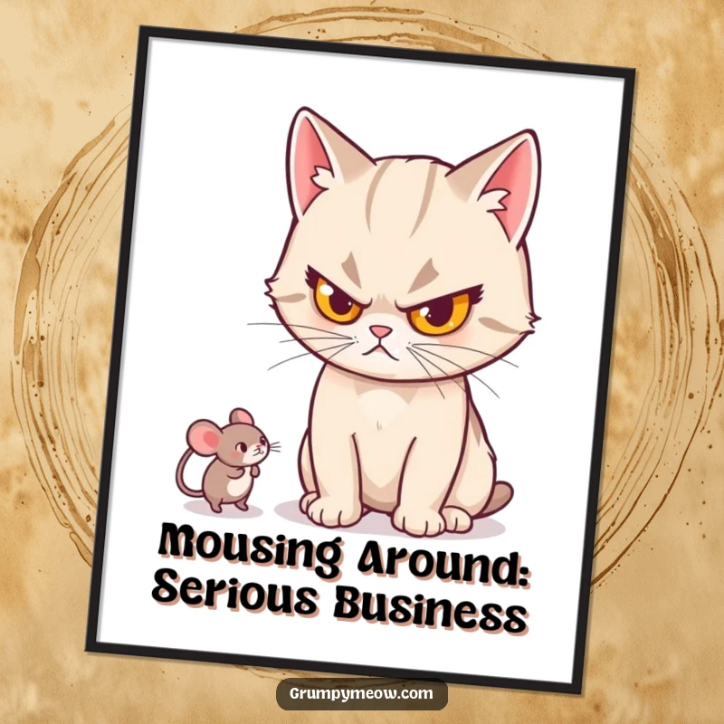 Funny Free Printable Wall Art: Striking image of a cat with a stern expression batting a small toy mouse, a humorous take on feline play.
