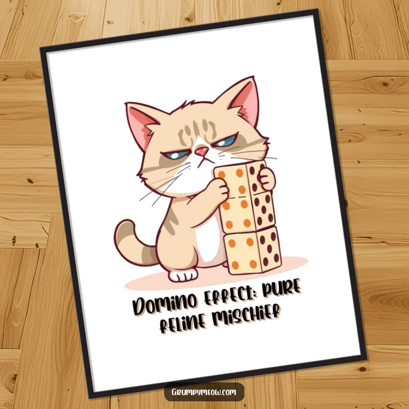 Funny Free Printable Wall Art: Grumpy cat gleefully pushing over a tall tower of dominoes.