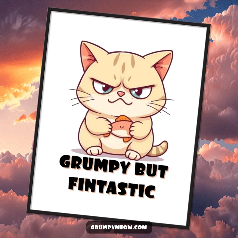 Funny free printable wall art featuring a grumpy cat with a wry smirk, casually holding a small, glistening fish.