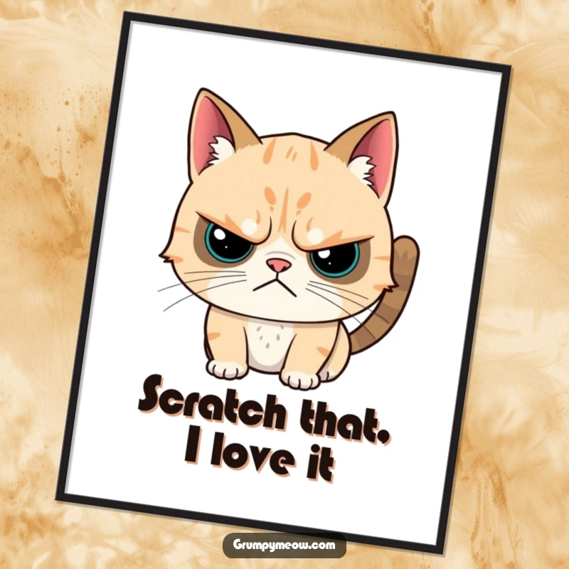 Funny free printable wall art: a grumpy cat reluctantly accepts a head scratch with a noticeable twitch, room decor.