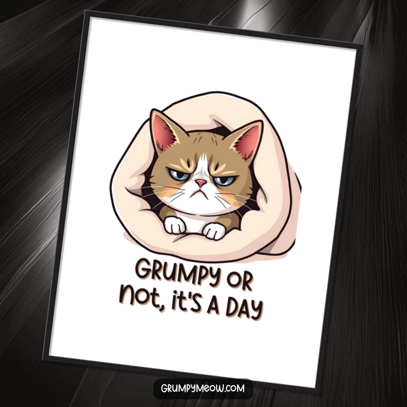 Funny Free Printable Wall Art: A grumpy cat with a frown peeking out from beneath a cozy blanket, a humorous decor piece.