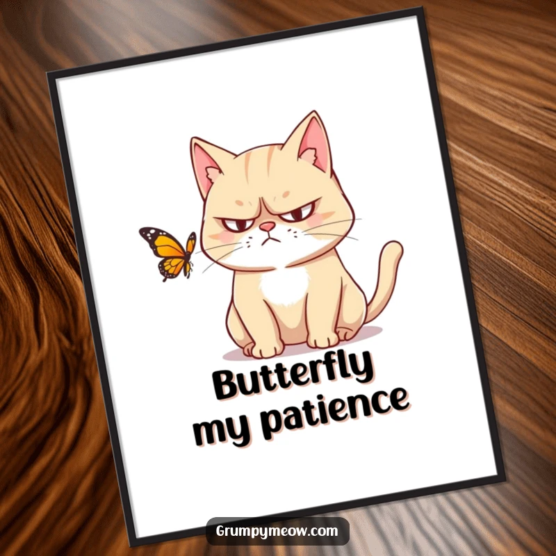 Funny free printable wall art of a grumpy cat with narrowed eyes watching a butterfly, great for room decor.