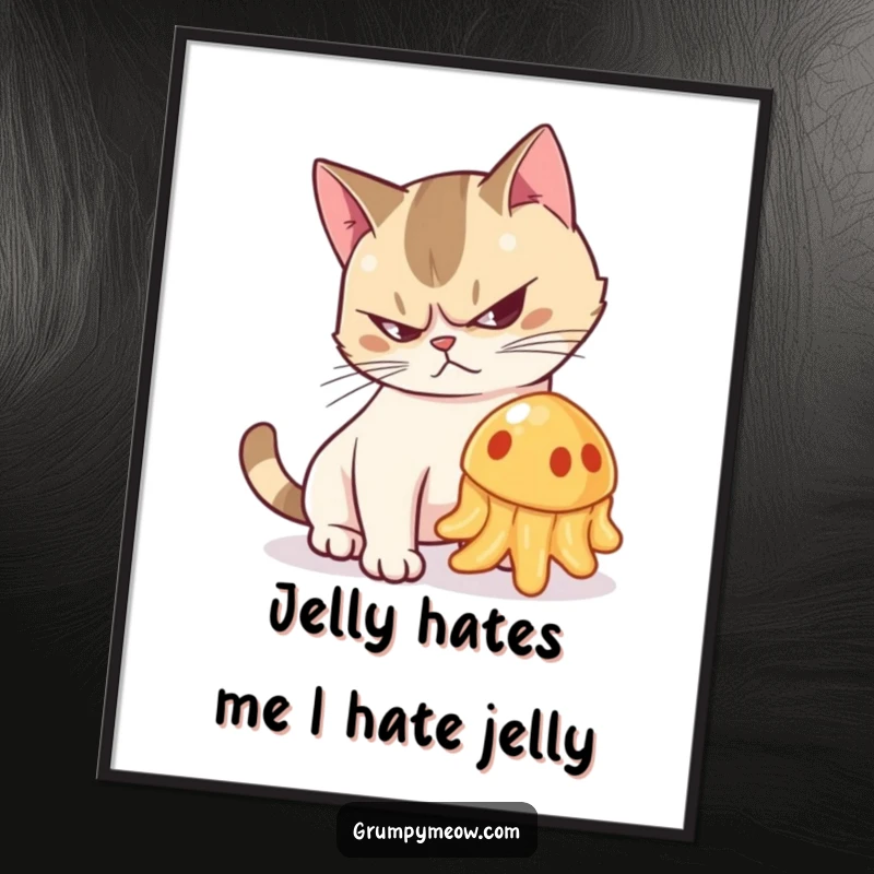 Funny Free Printable Wall Art: A grumpy cat with arched back hisses intensely at a small, unsettlingly wobbling jelly. Pure defiance.
