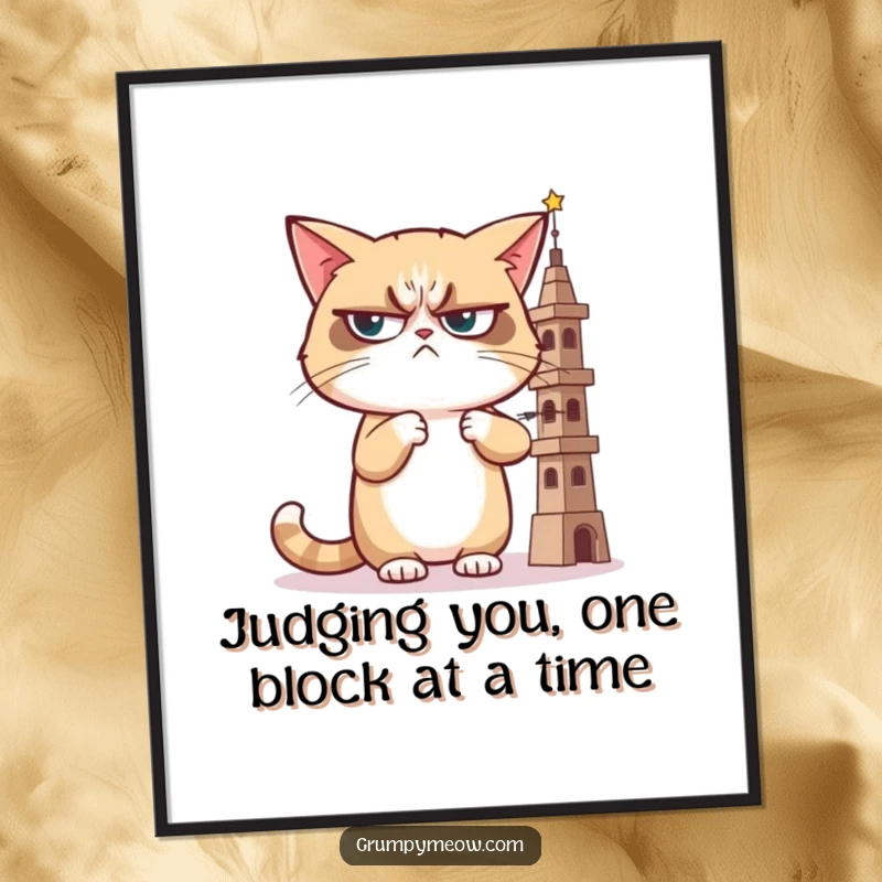 Funny Free Printable Wall Art: A grumpy cat looking sideways with extreme judgment at a wobbly tower.