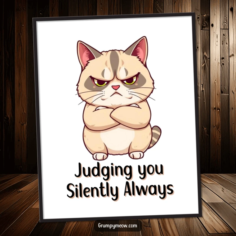 Funny Free Printable Wall Art: Grumpy cat with arms crossed, radiating unimpressed energy, a perfect addition to any room.