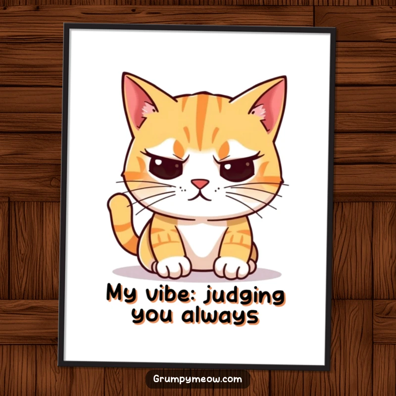 Funny Free Printable Wall Art: A cat with crooked whiskers meticulously judges a brightly colored object.