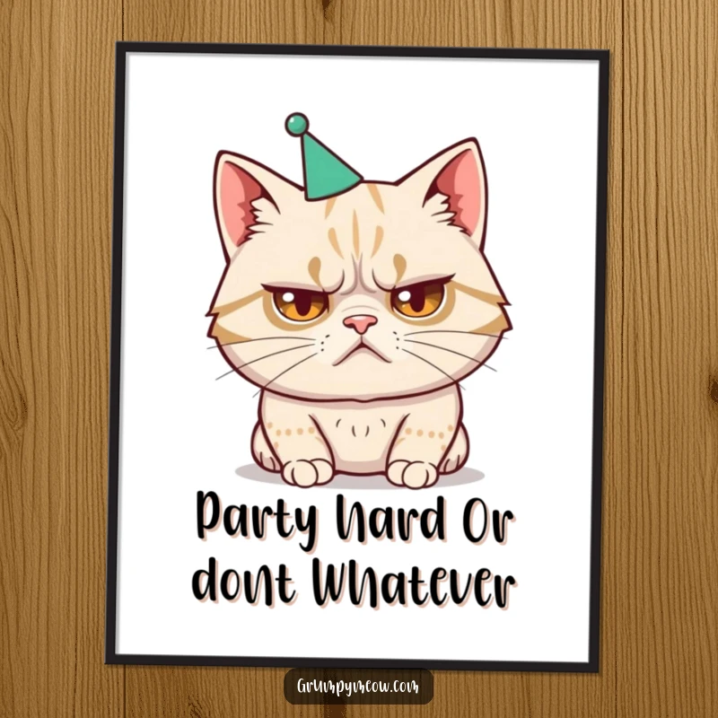 Funny Free Printable Wall Art: A cat with a disgruntled frown wears a tiny, ill-fitting party hat, radiating an aura of 'get me out of here.'