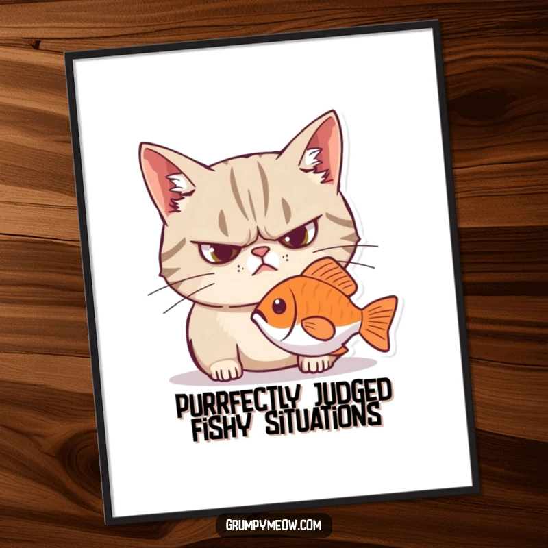 Funny Free Printable Wall Art: Grumpy cat with a frown intensely stares at a fish, a hilariously judgmental piece.