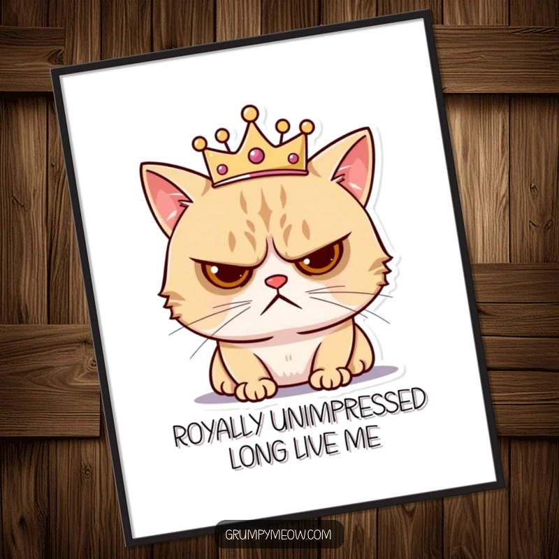 Funny Free Printable Wall Art: Grumpy cat wearing a tiny crown, radiating annoyance, a regal and hilarious addition.